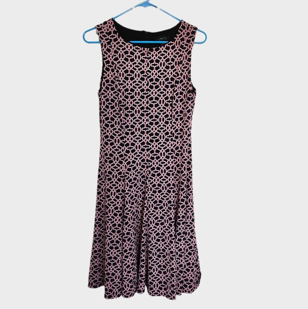 R&M Richards Sleeveless Black Patterned Flared Dress